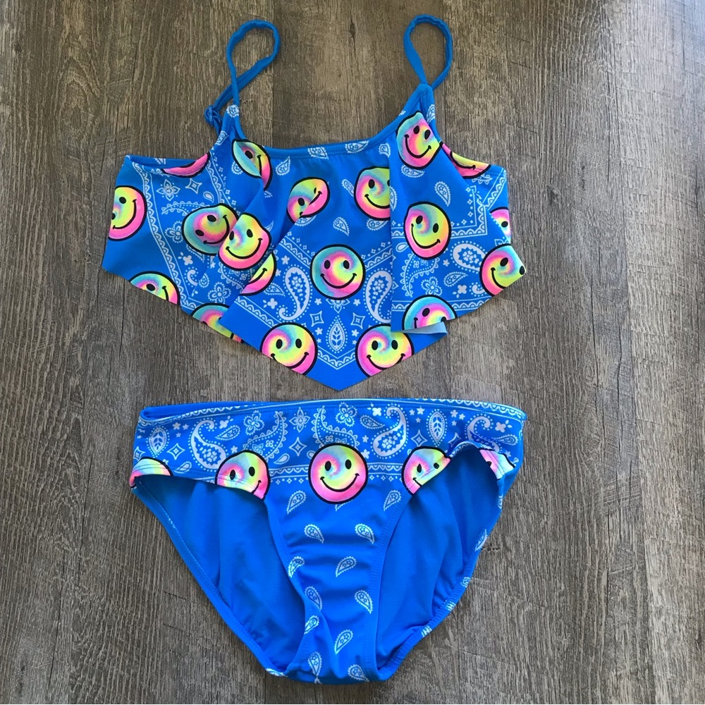 Justice Girls Size 14 Bikini Blue Paisley & Happy Face Print Flounce Top
